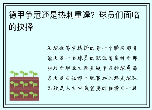 德甲争冠还是热刺重逢？球员们面临的抉择