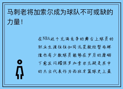 马刺老将加索尔成为球队不可或缺的力量！